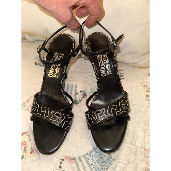 FERRAGAMO STITCHED BLACK LEATHER SANDALS 4" HEEL - Picture 3 of 8